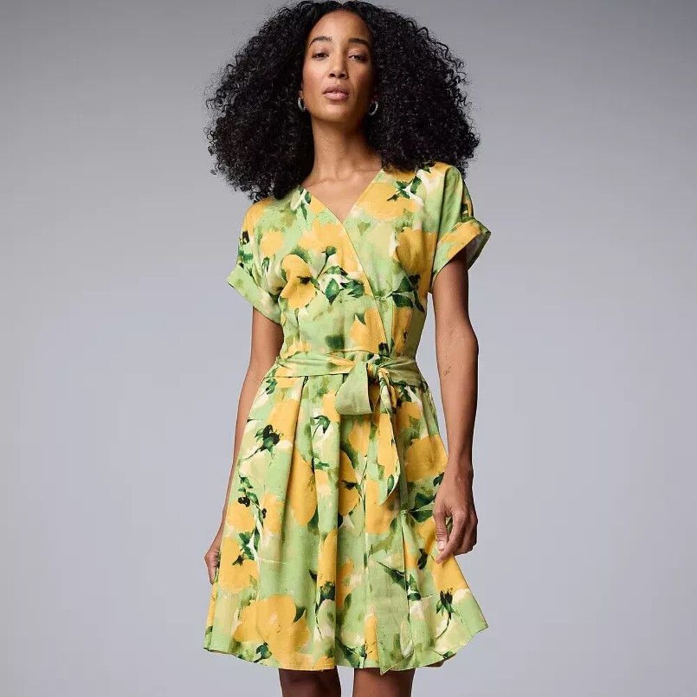Simply Vera Vera Wang Floral Wrap Tie-Front Midi Dress XXL Green Yellow NWT
